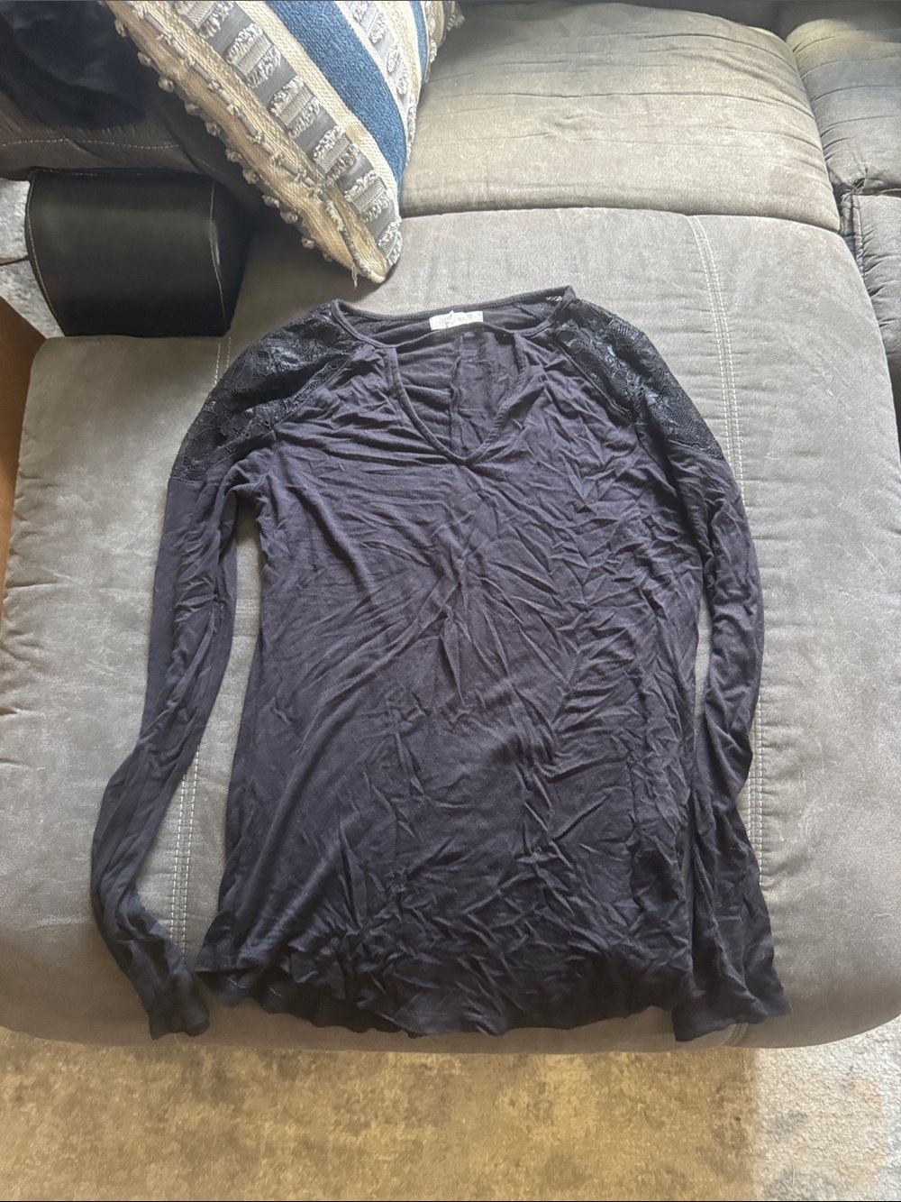 Maurices Navy Long-Sleeve V-Neck Top with Lace Shoulders